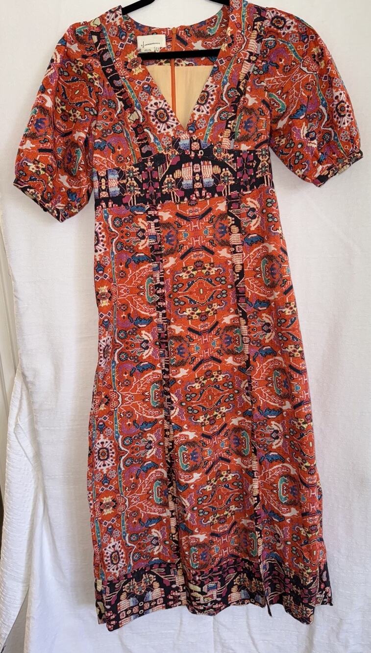 Anthropologie Burnt Orange Multicolor Cottagecore Bohemian Tribal Dress Sz 4